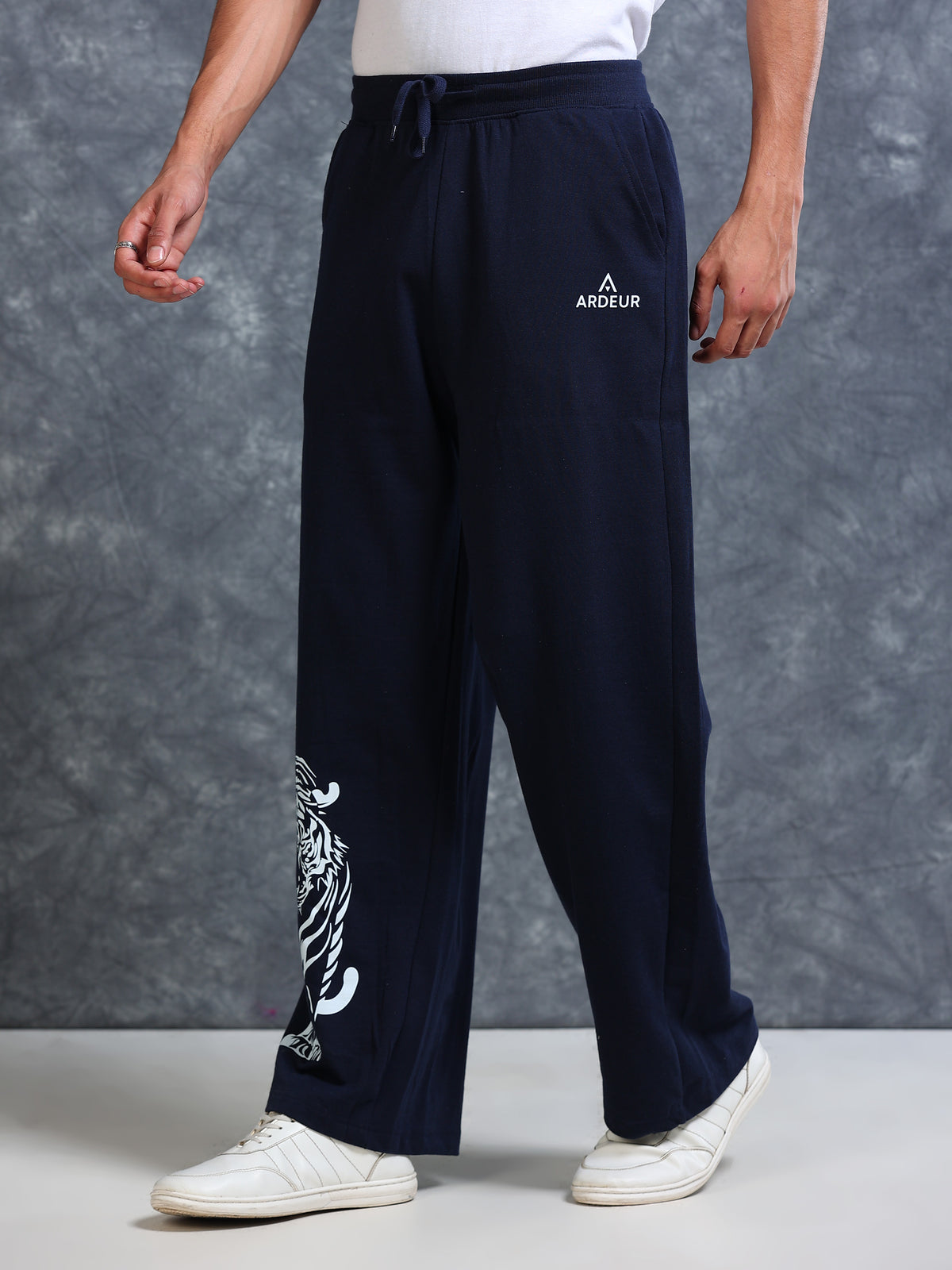 ARDEUR Men Navy Cotton Blend Tiger Printed Baggy Fit Track Pants