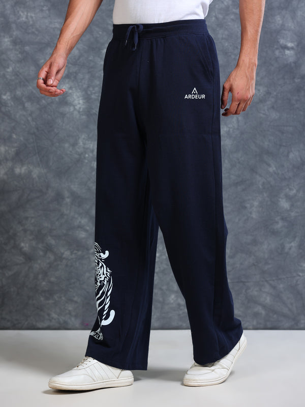 ARDEUR Men Navy Cotton Blend Tiger Printed Baggy Fit Track Pants