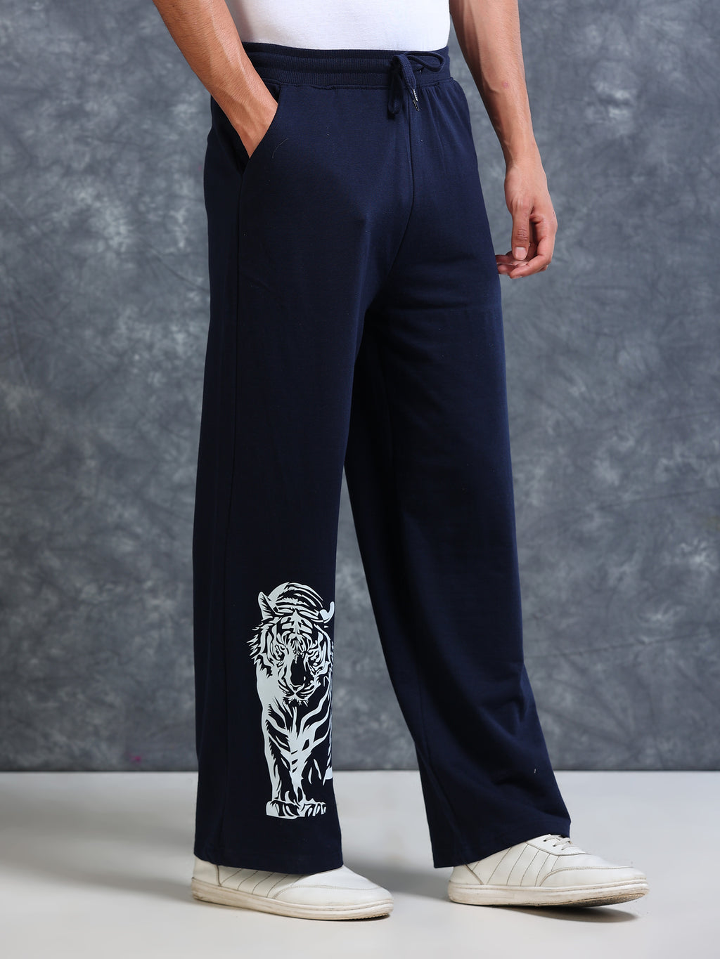 ARDEUR Men Navy Cotton Blend Tiger Printed Baggy Fit Track Pants