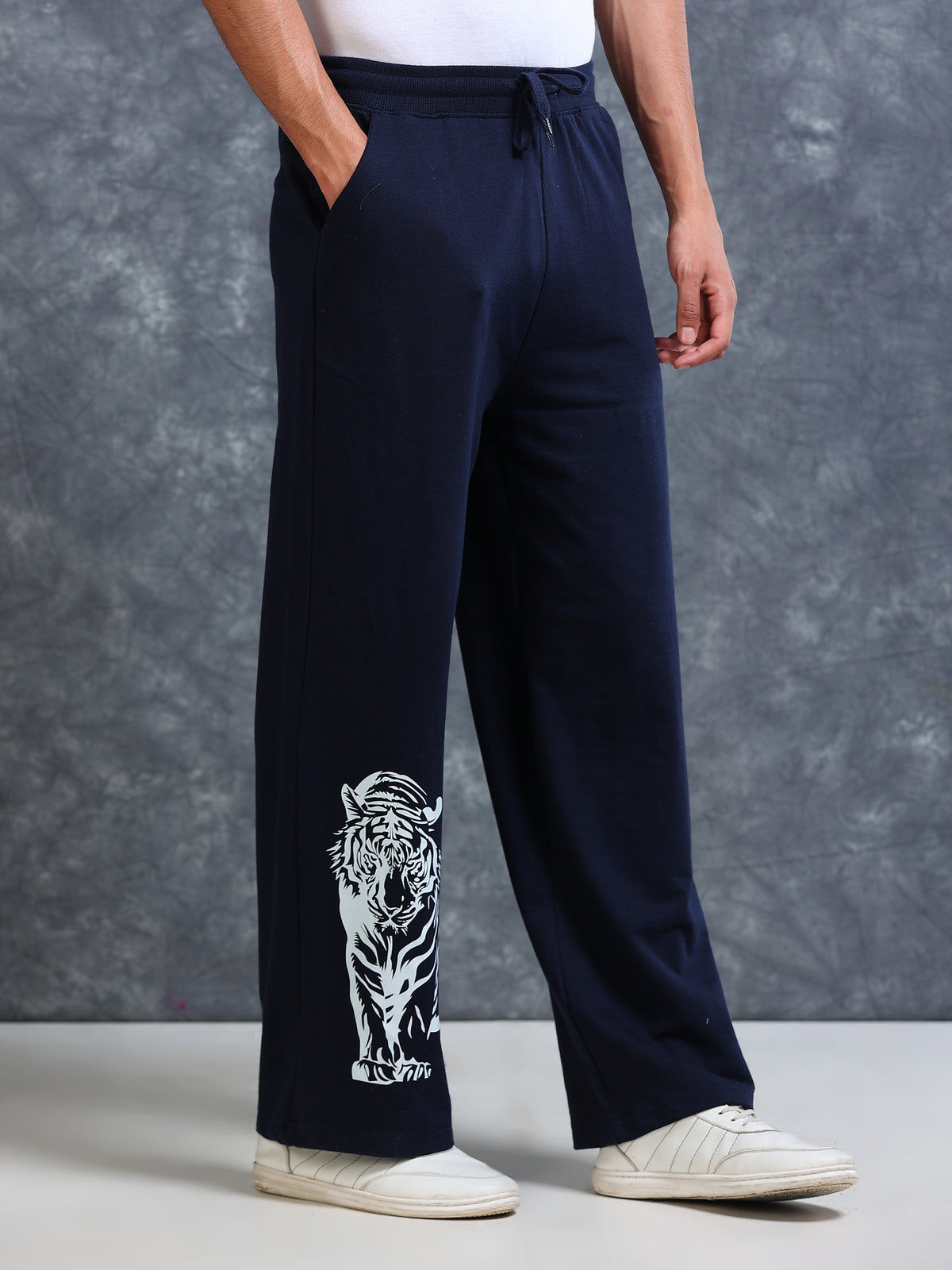 ARDEUR Men Navy Cotton Blend Tiger Printed Baggy Fit Track Pants