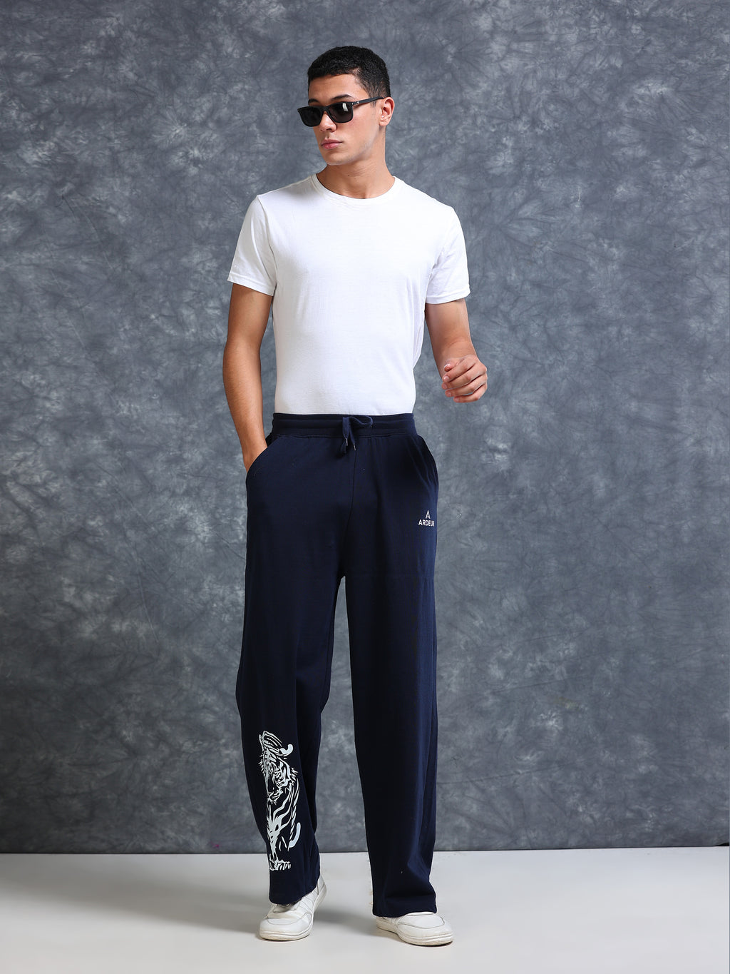 ARDEUR Men Navy Cotton Blend Tiger Printed Baggy Fit Track Pants