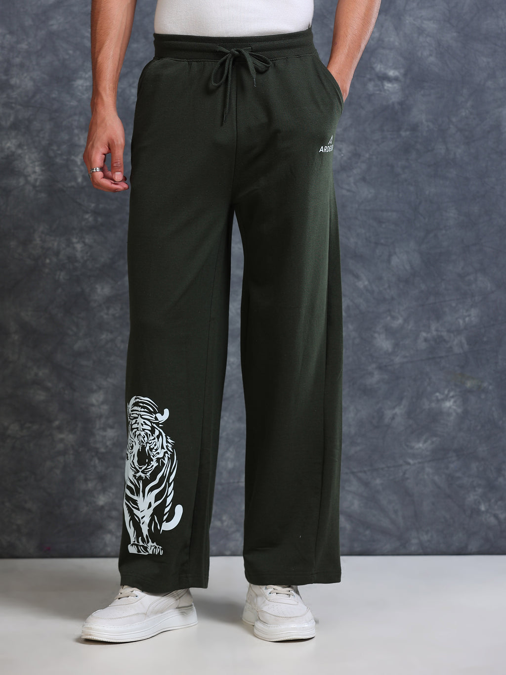 ARDEUR Men Olive Cotton Blend Tiger Printed Baggy Fit Track Pants