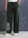 ARDEUR Men Olive Cotton Blend Tiger Printed Baggy Fit Track Pants