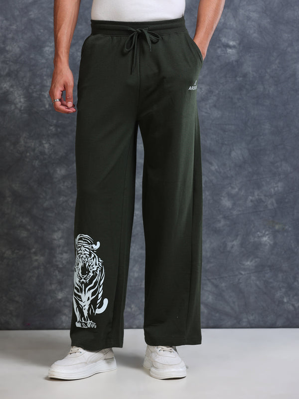 ARDEUR Men Olive Cotton Blend Tiger Printed Baggy Fit Track Pants
