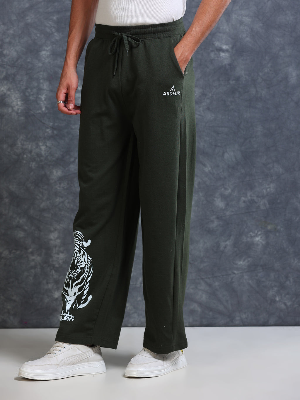 ARDEUR Men Olive Cotton Blend Tiger Printed Baggy Fit Track Pants