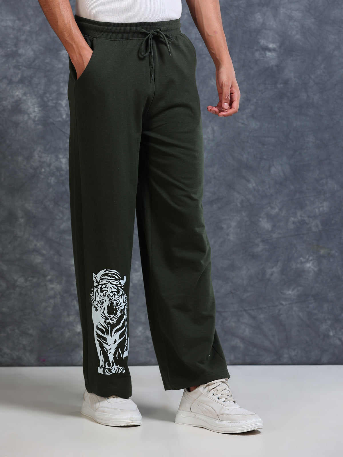 ARDEUR Men Olive Cotton Blend Tiger Printed Baggy Fit Track Pants