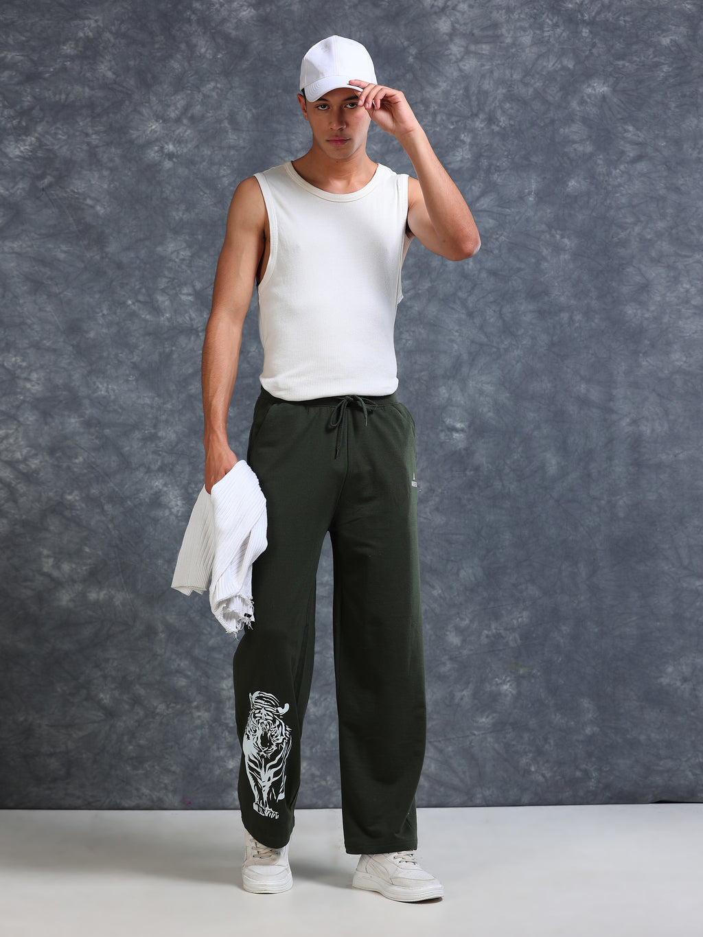 ARDEUR Men Olive Cotton Blend Tiger Printed Baggy Fit Track Pants