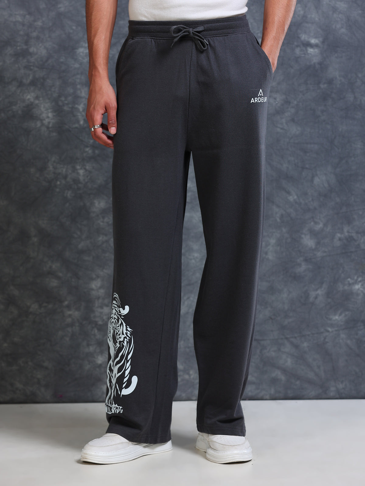 ARDEUR Men Steel Grey Cotton Blend Tiger Printed Baggy Fit Track Pants