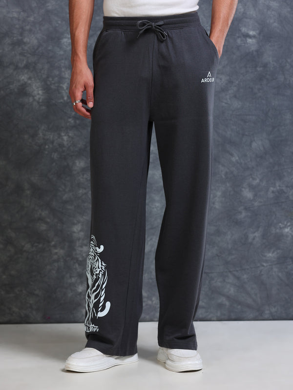 ARDEUR Men Steel Grey Cotton Blend Tiger Printed Baggy Fit Track Pants