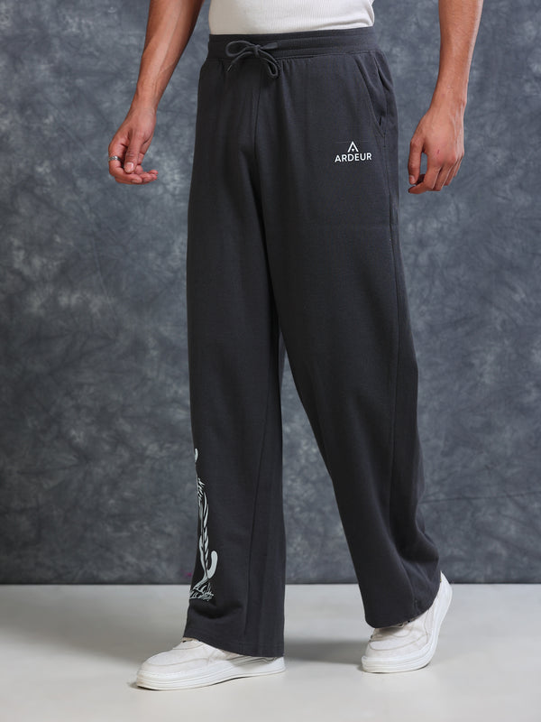 ARDEUR Men Steel Grey Cotton Blend Tiger Printed Baggy Fit Track Pants
