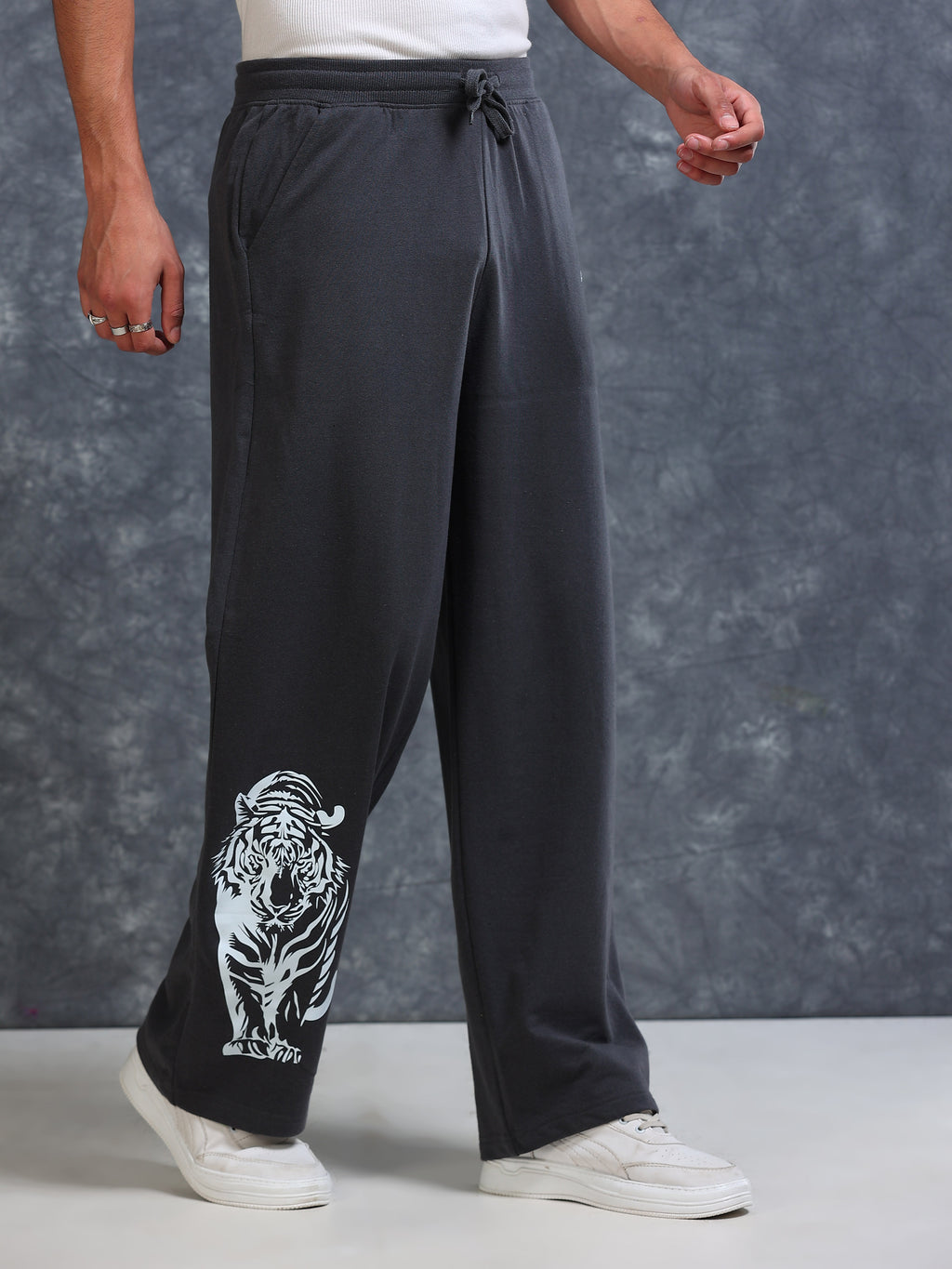 ARDEUR Men Steel Grey Cotton Blend Tiger Printed Baggy Fit Track Pants