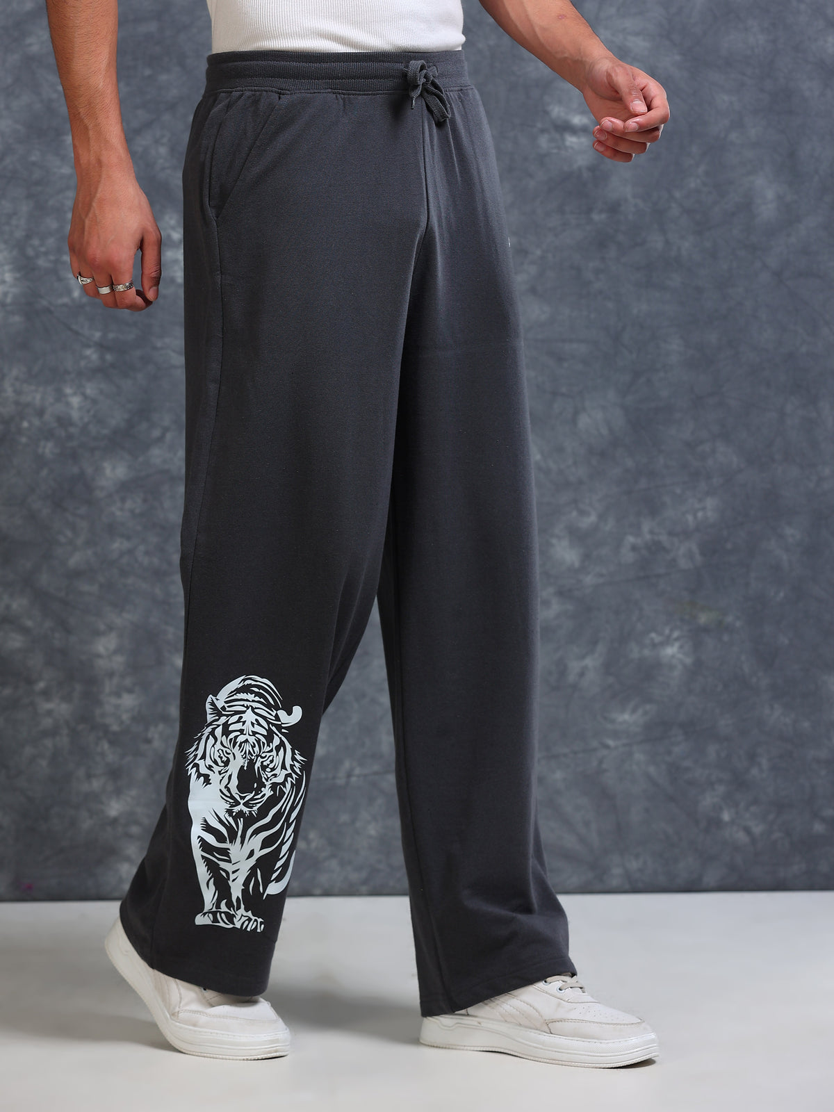 ARDEUR Men Steel Grey Cotton Blend Tiger Printed Baggy Fit Track Pants