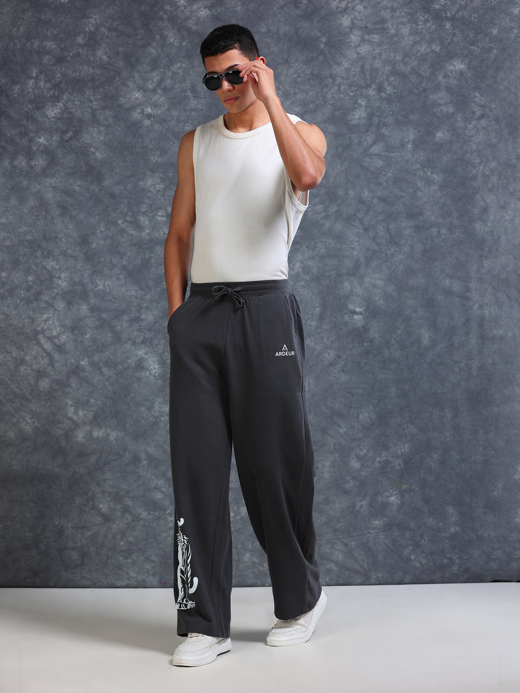 ARDEUR Men Steel Grey Cotton Blend Tiger Printed Baggy Fit Track Pants