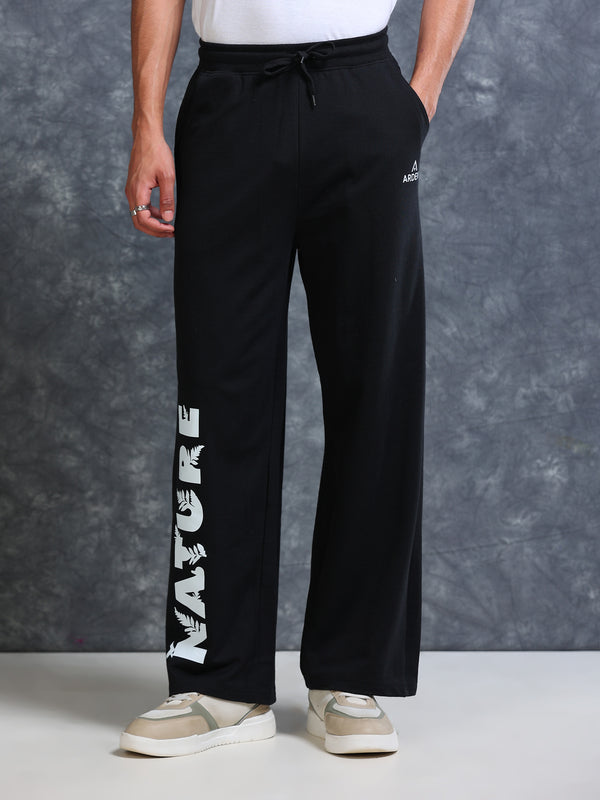 ARDEUR Men Black Cotton Blend Nature Printed Baggy Fit Track Pants