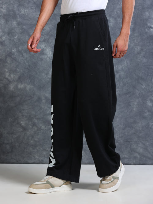 ARDEUR Men Black Cotton Blend Nature Printed Baggy Fit Track Pants