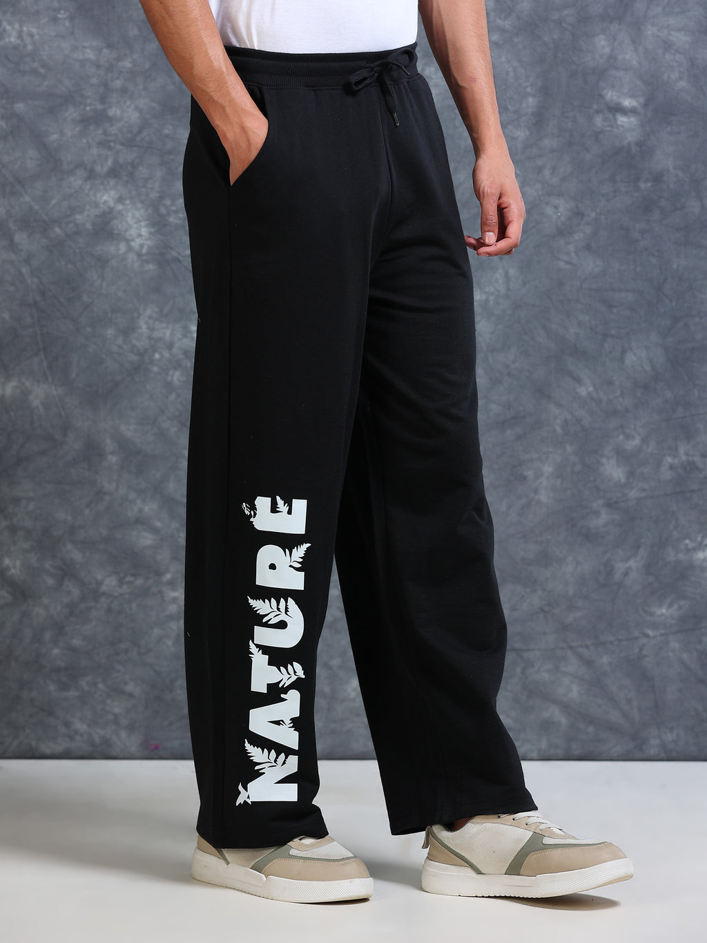 ARDEUR Men Black Cotton Blend Nature Printed Baggy Fit Track Pants