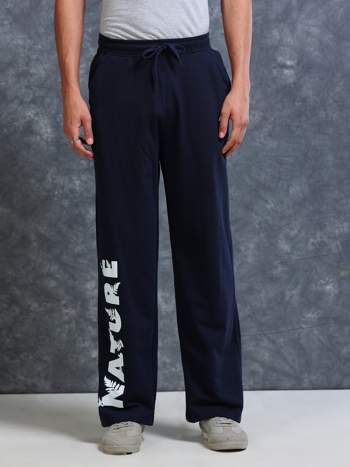 ARDEUR Men Navy Cotton Blend Nature Printed Baggy Fit Track Pants