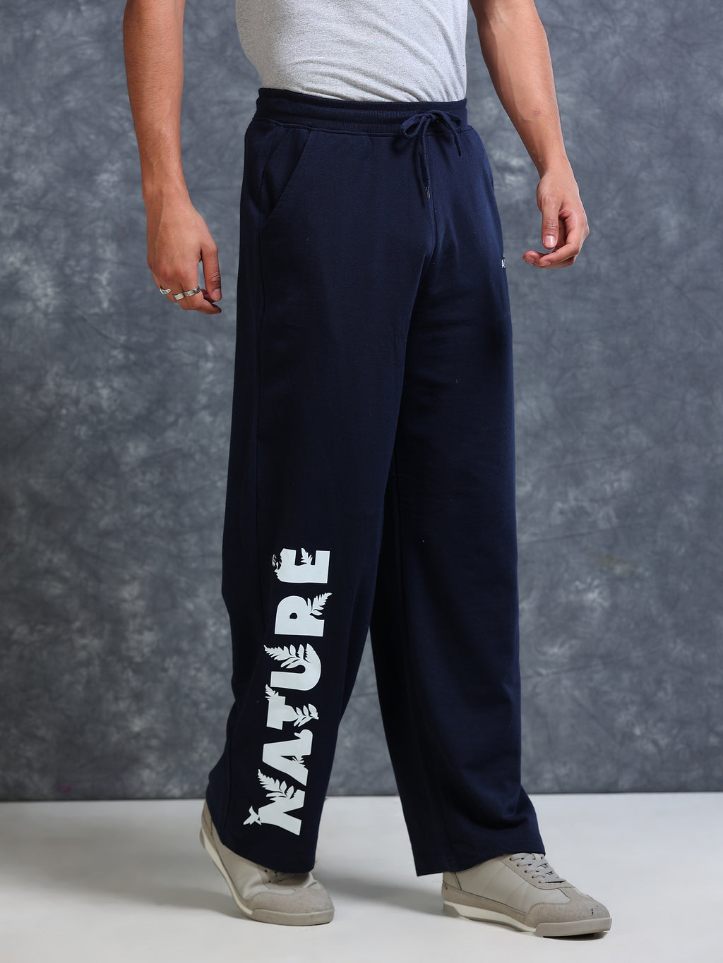 ARDEUR Men Navy Cotton Blend Nature Printed Baggy Fit Track Pants
