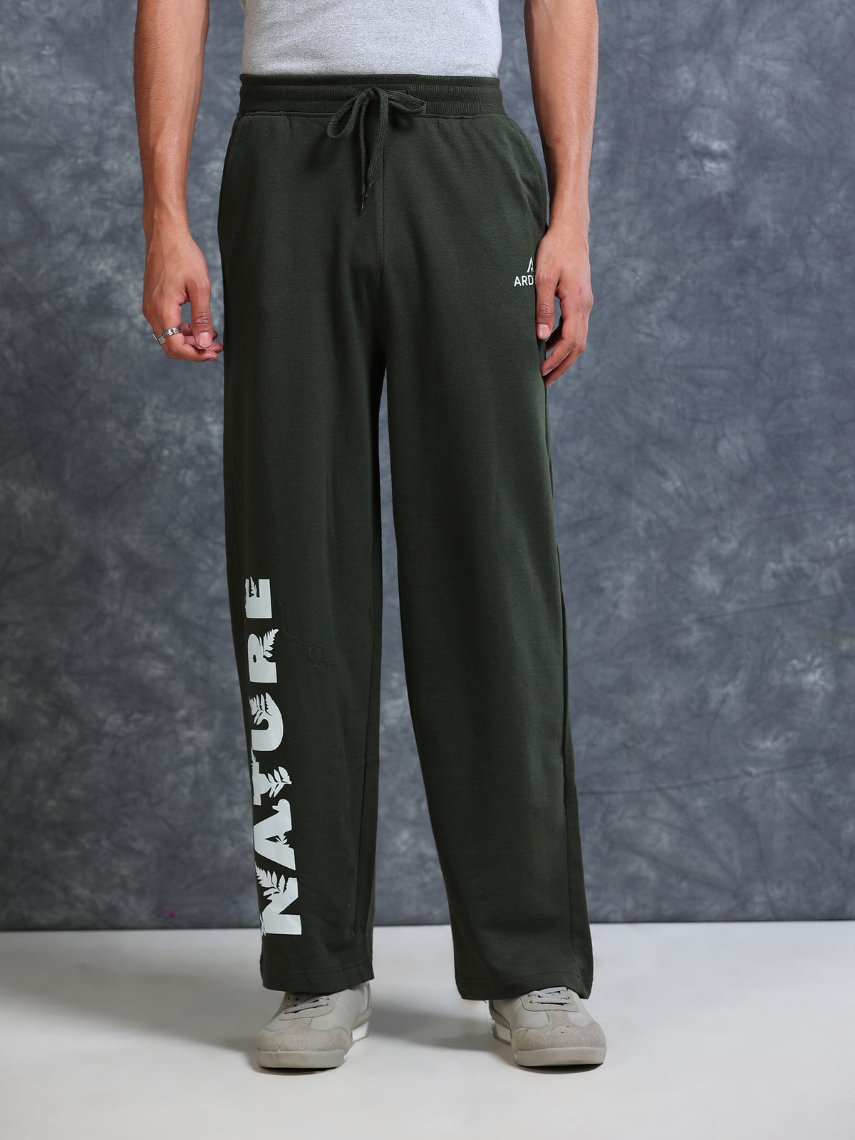 ARDEUR Men Olive Cotton Blend Nature Printed Baggy Fit Track Pants
