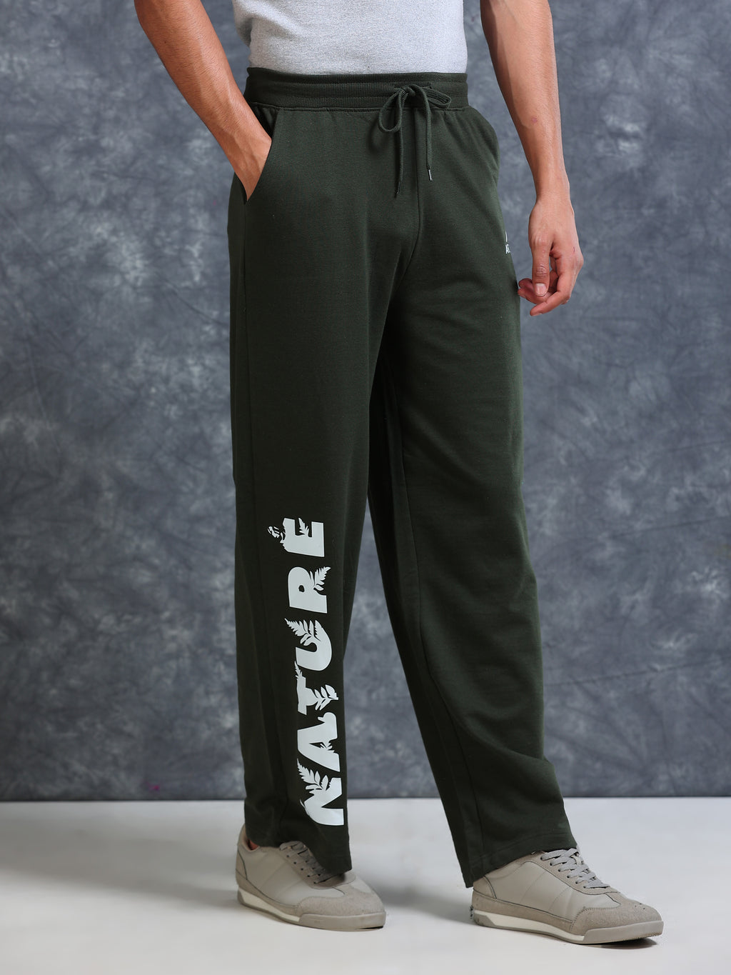 ARDEUR Men Olive Cotton Blend Nature Printed Baggy Fit Track Pants