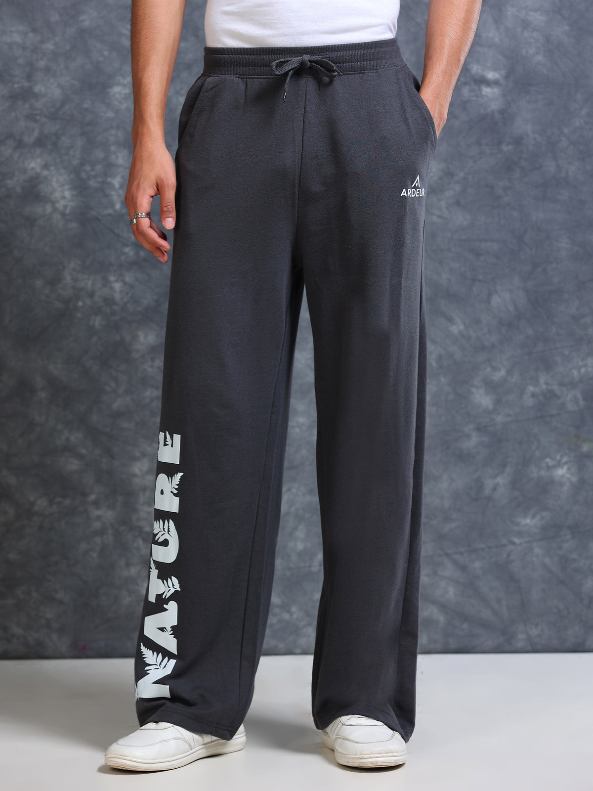 ARDEUR Men Steel Grey Cotton Blend Nature Printed Baggy Fit Track Pants