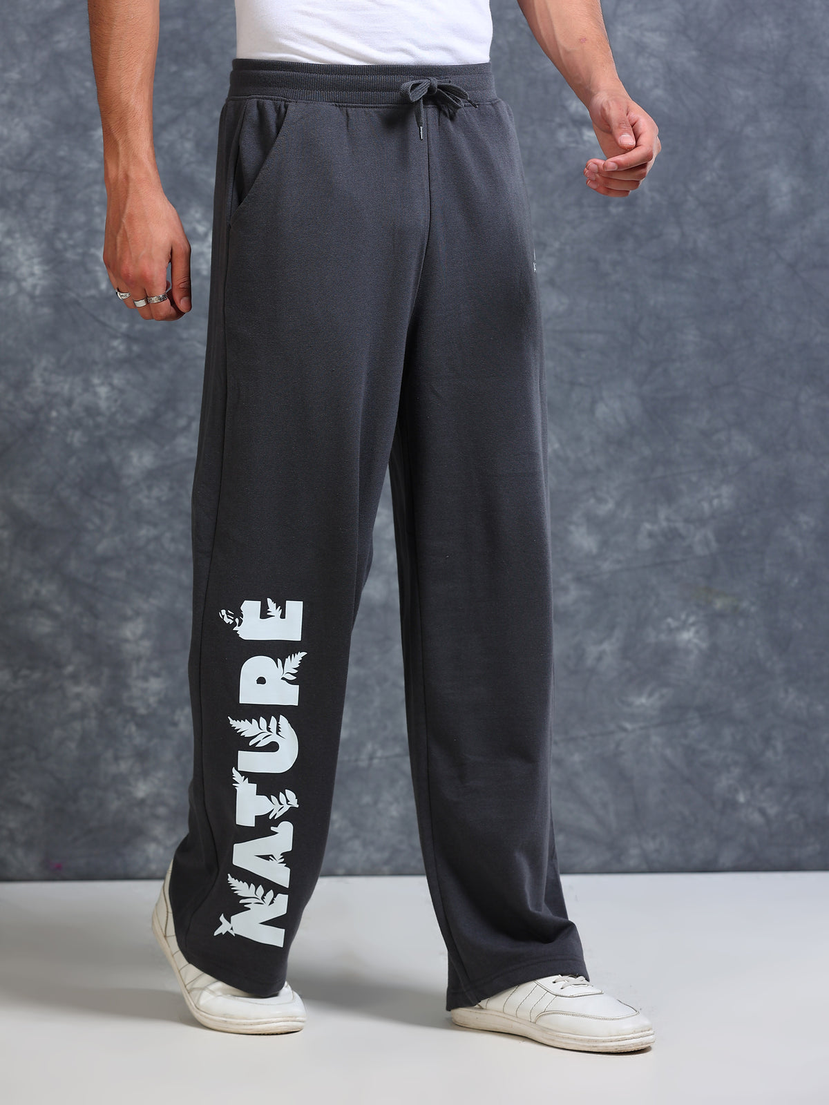 ARDEUR Men Steel Grey Cotton Blend Nature Printed Baggy Fit Track Pants