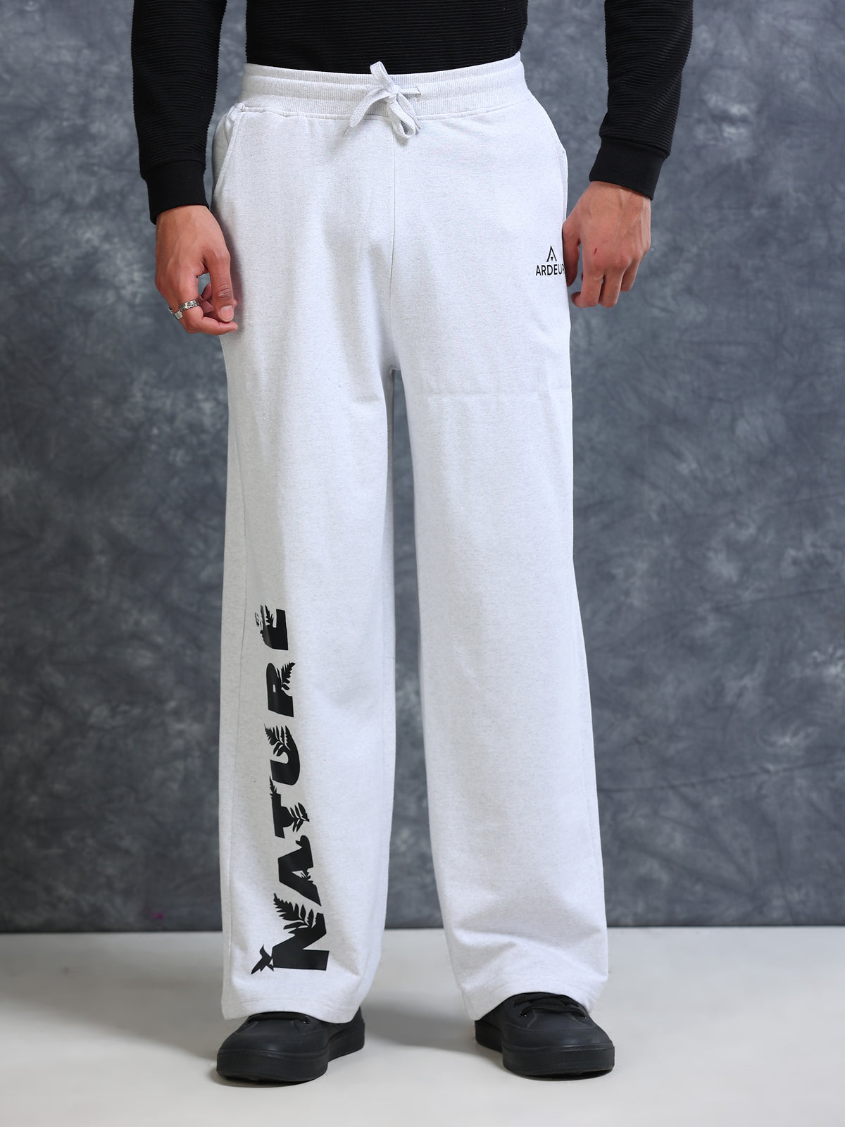 ARDEUR Men White Melange Cotton Blend Nature Printed Baggy Fit Track Pants