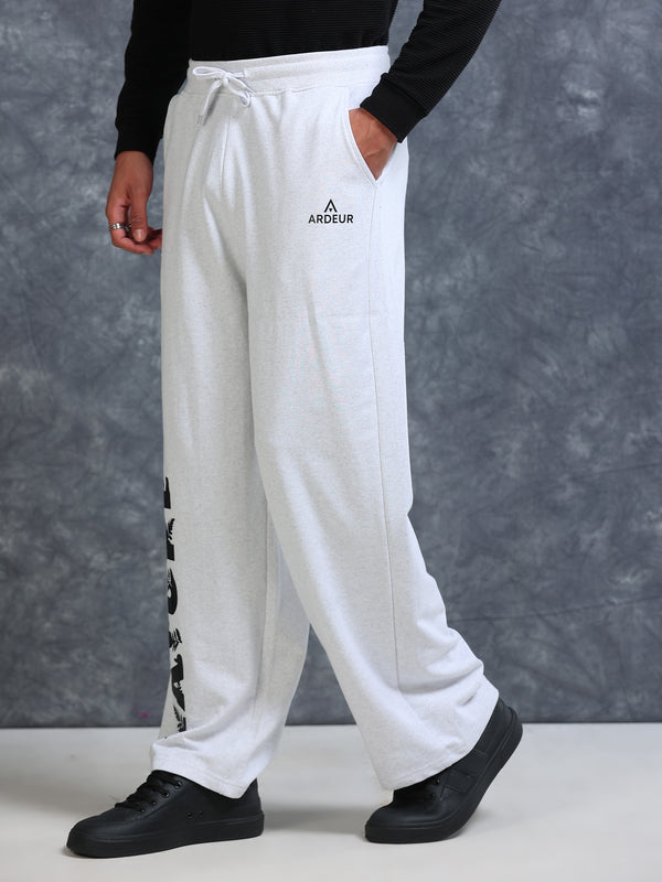ARDEUR Men White Melange Cotton Blend Nature Printed Baggy Fit Track Pants