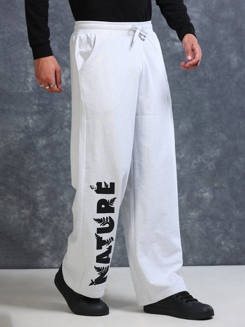 ARDEUR Men White Melange Cotton Blend Nature Printed Baggy Fit Track Pants