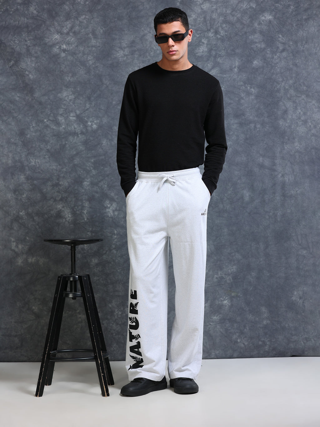ARDEUR Men White Melange Cotton Blend Nature Printed Baggy Fit Track Pants