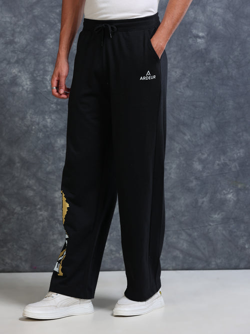 ARDEUR Men Black Cotton Blend Explore Printed Baggy Fit Track Pants