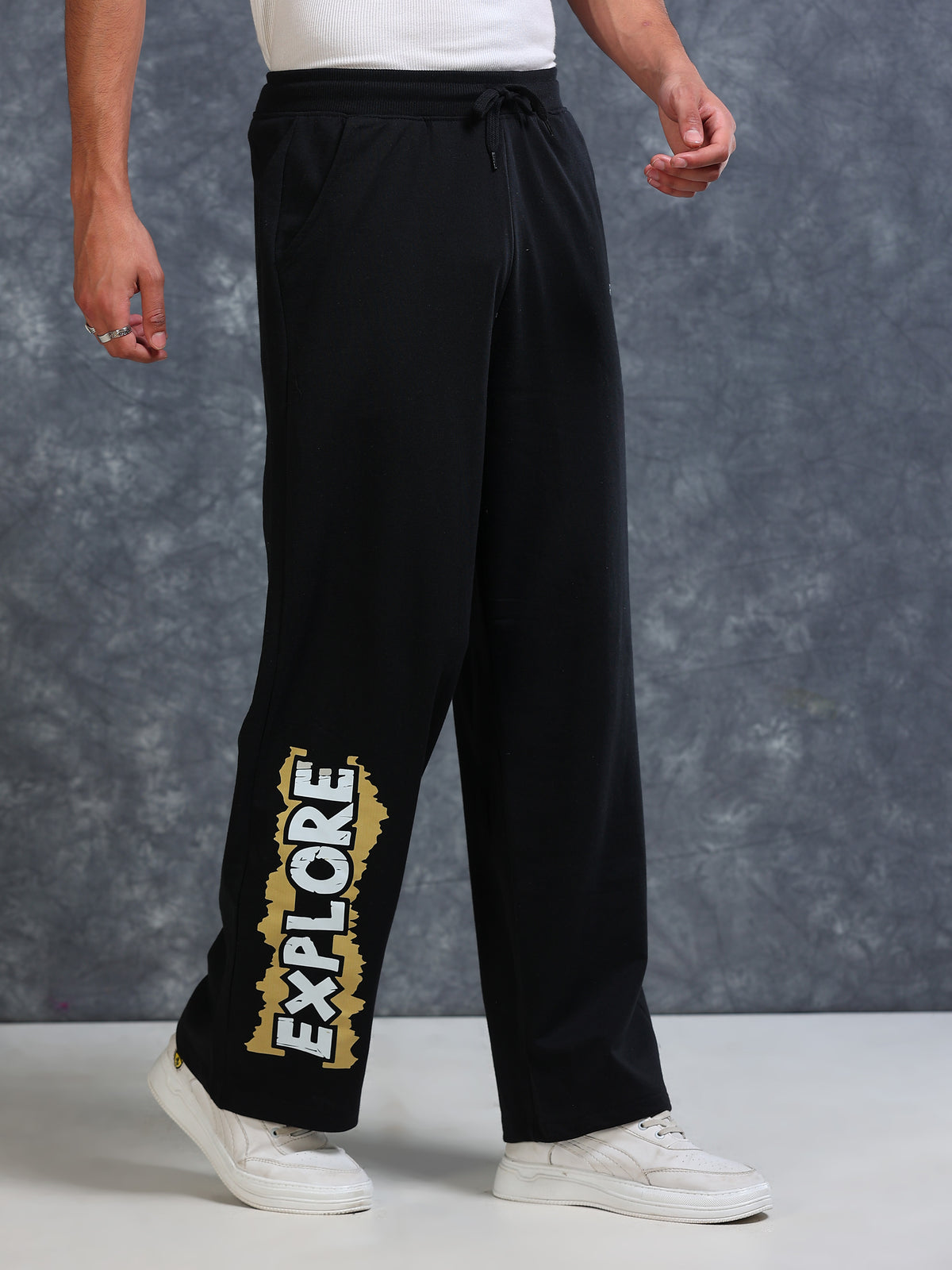 ARDEUR Men Black Cotton Blend Explore Printed Baggy Fit Track Pants