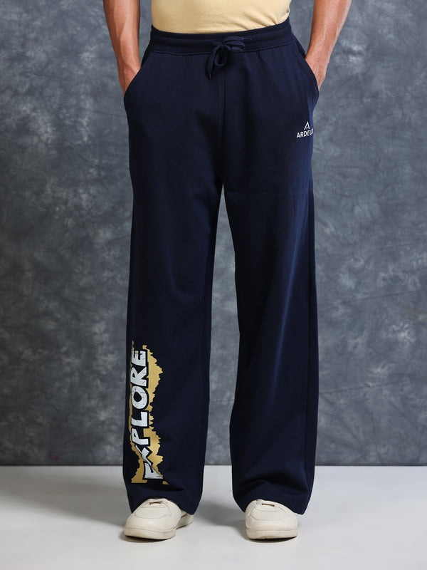 ARDEUR Men Navy Cotton Blend Explore Printed Baggy Fit Track Pants