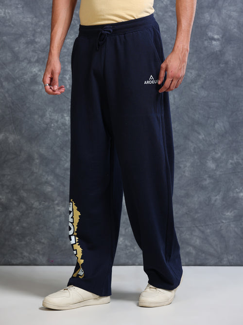 ARDEUR Men Navy Cotton Blend Explore Printed Baggy Fit Track Pants