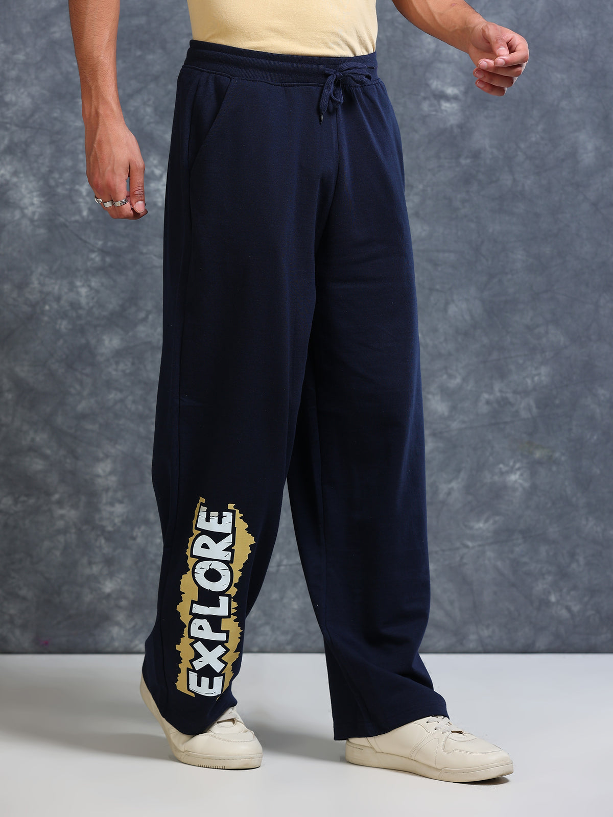 ARDEUR Men Navy Cotton Blend Explore Printed Baggy Fit Track Pants