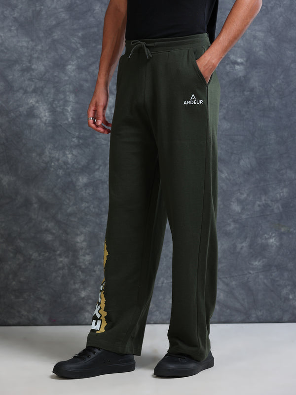 ARDEUR Men Olive Cotton Blend Explore Printed Baggy Fit Track Pants