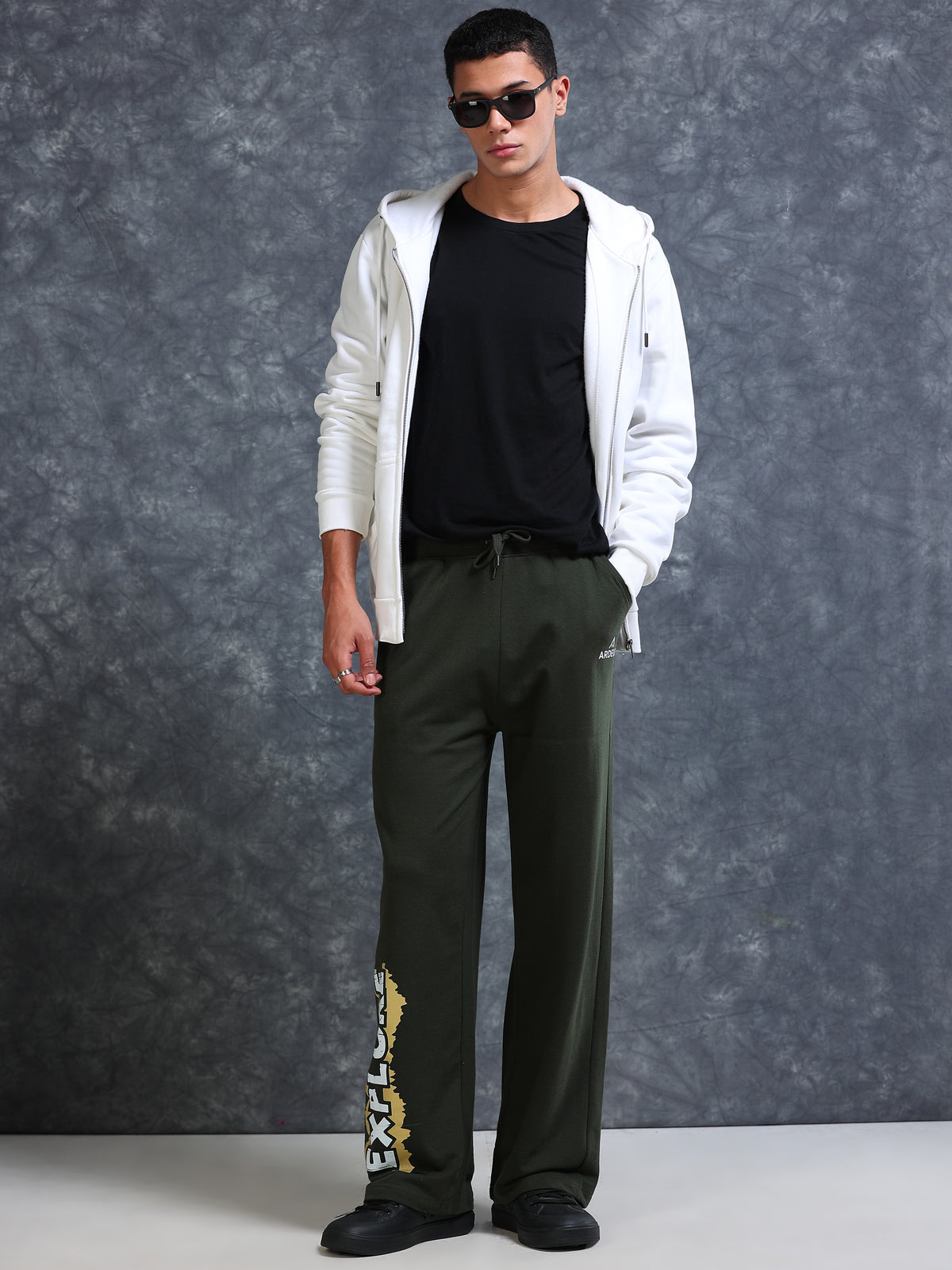 ARDEUR Men Olive Cotton Blend Explore Printed Baggy Fit Track Pants