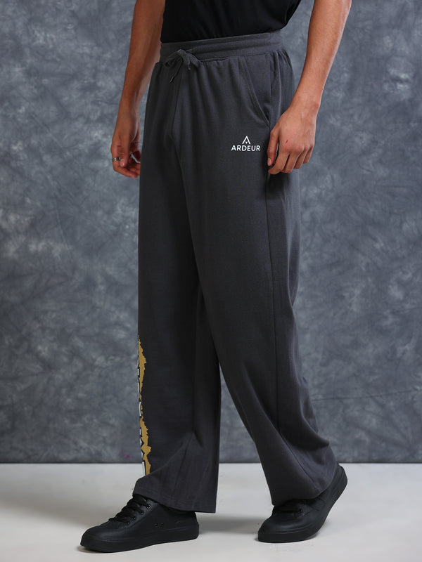 ARDEUR Men Steel Grey Cotton Blend Explore Printed Baggy Fit Track Pants