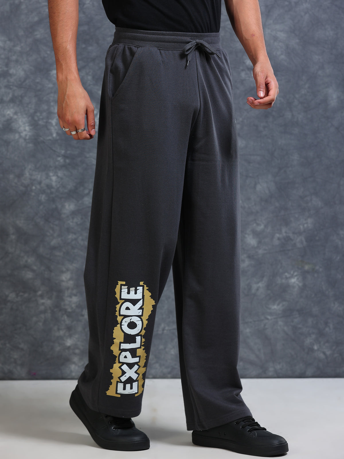 ARDEUR Men Steel Grey Cotton Blend Explore Printed Baggy Fit Track Pants
