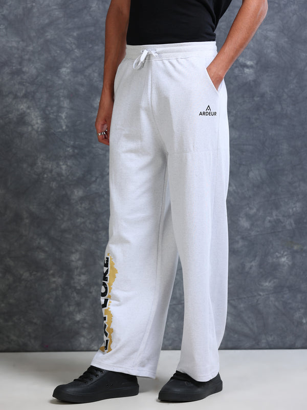 ARDEUR Men White Melange Cotton Blend Explore Printed Baggy Fit Track Pants