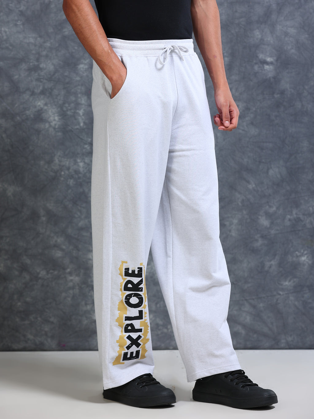 ARDEUR Men White Melange Cotton Blend Explore Printed Baggy Fit Track Pants