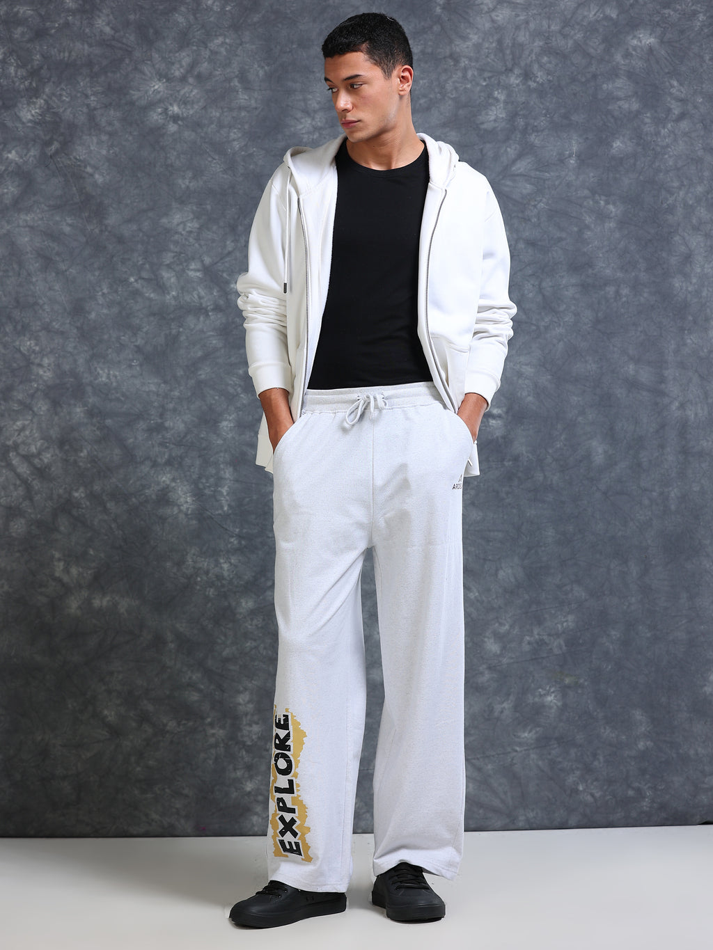 ARDEUR Men White Melange Cotton Blend Explore Printed Baggy Fit Track Pants
