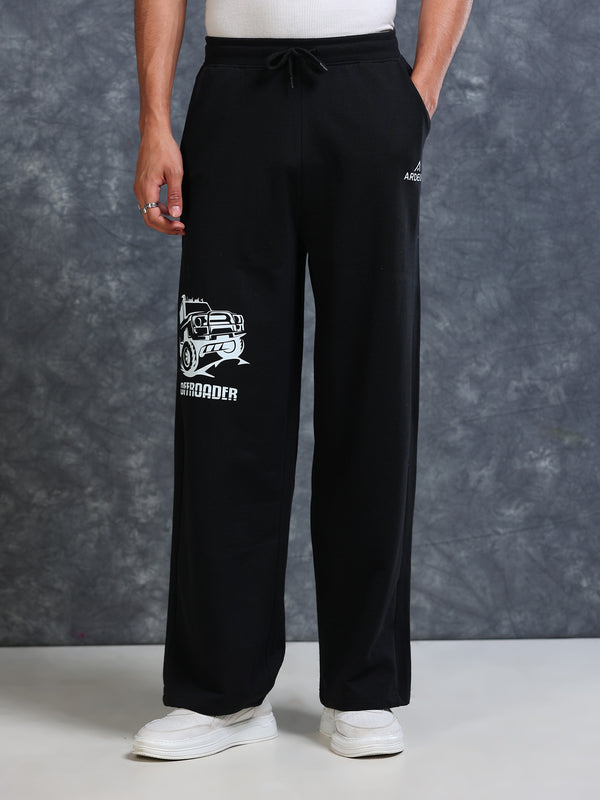 ARDEUR Men Black Cotton Blend Offroader Printed Baggy Fit Track Pants