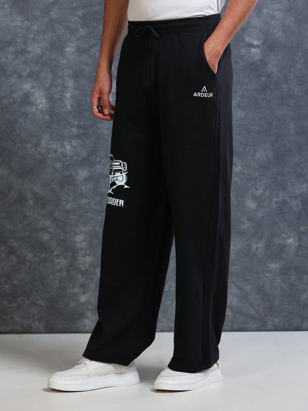 ARDEUR Men Black Cotton Blend Offroader Printed Baggy Fit Track Pants