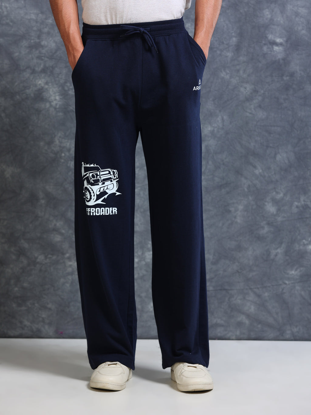 ARDEUR Men Navy Cotton Blend Offroader Printed Baggy Fit Track Pants