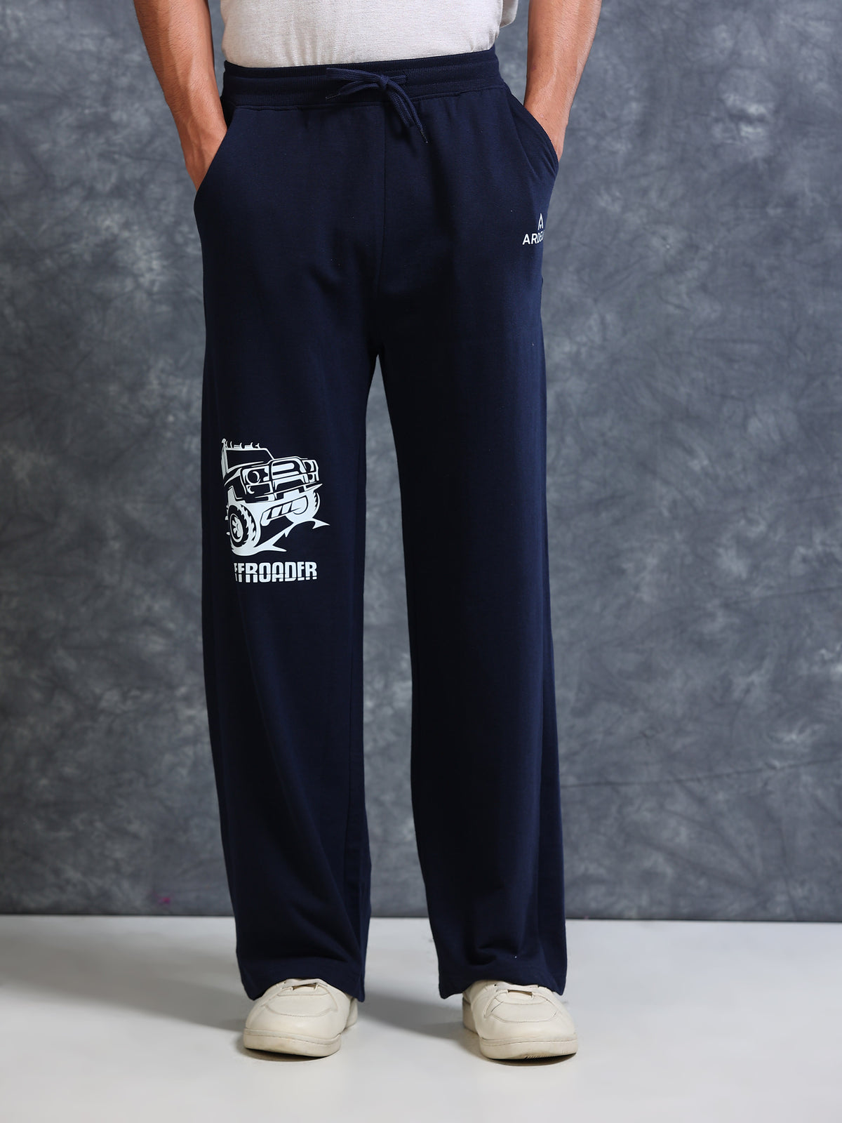 ARDEUR Men Navy Cotton Blend Offroader Printed Baggy Fit Track Pants