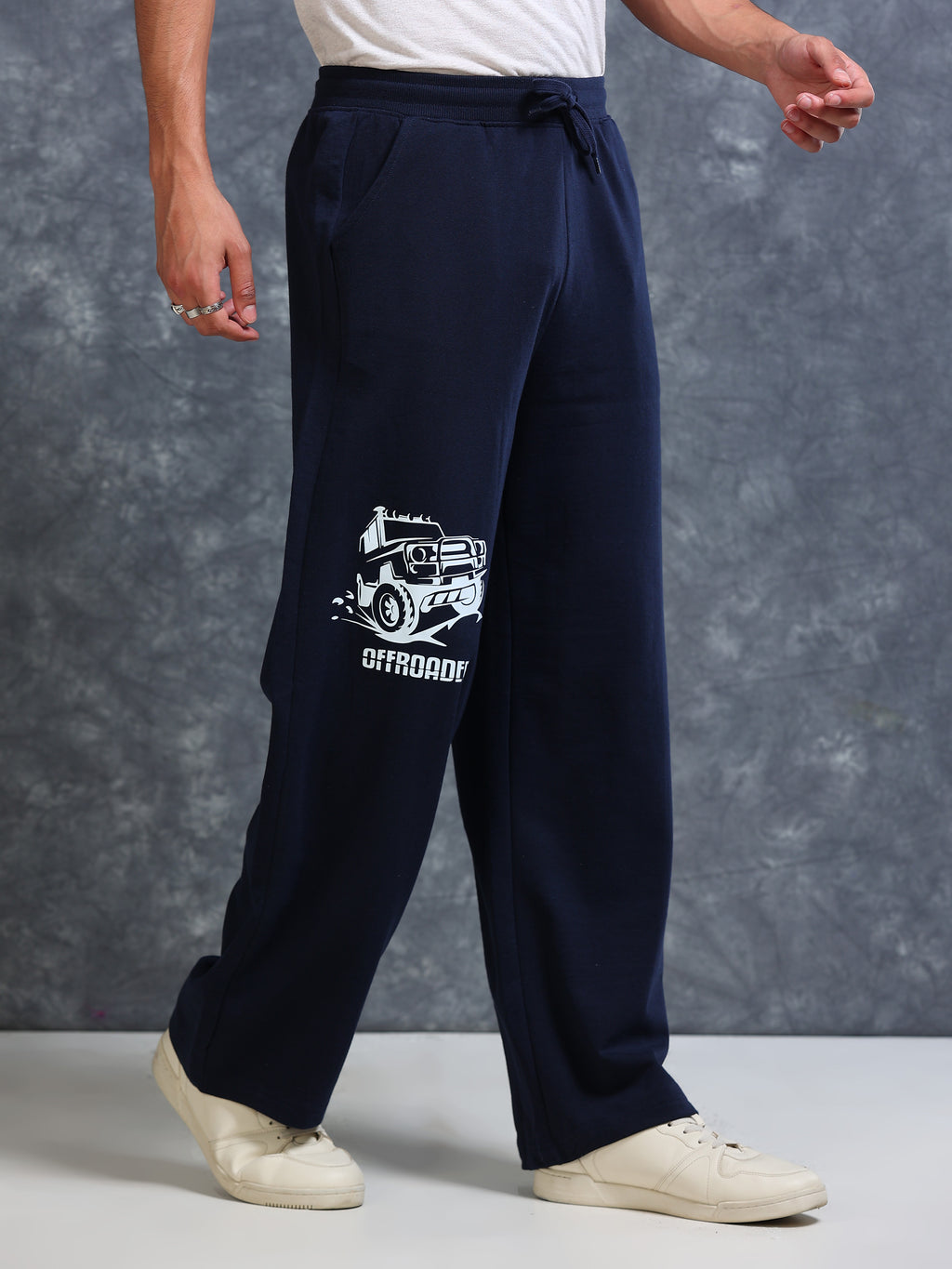 ARDEUR Men Navy Cotton Blend Offroader Printed Baggy Fit Track Pants