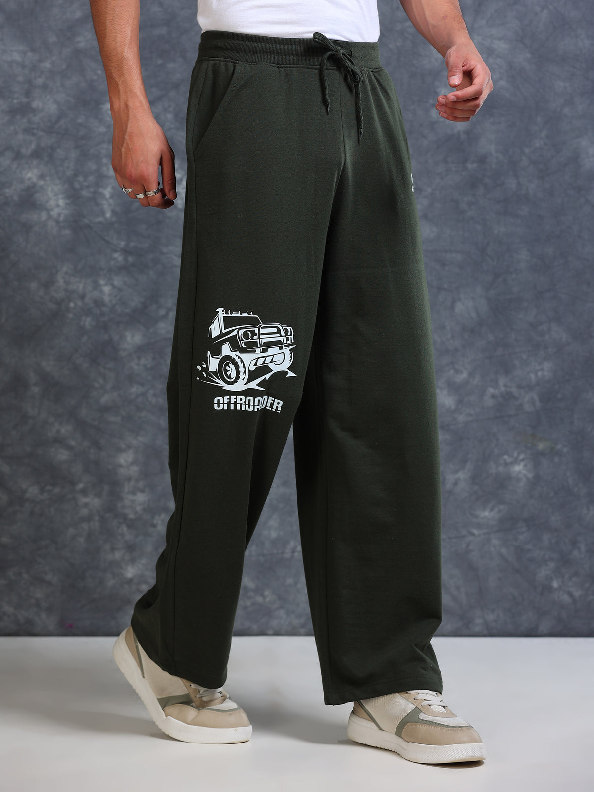 ARDEUR Men Olive Cotton Blend Offroader Printed Baggy Fit Track Pants