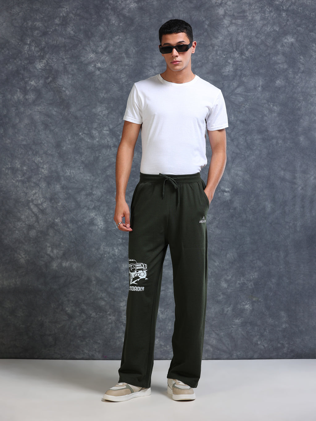 ARDEUR Men Olive Cotton Blend Offroader Printed Baggy Fit Track Pants