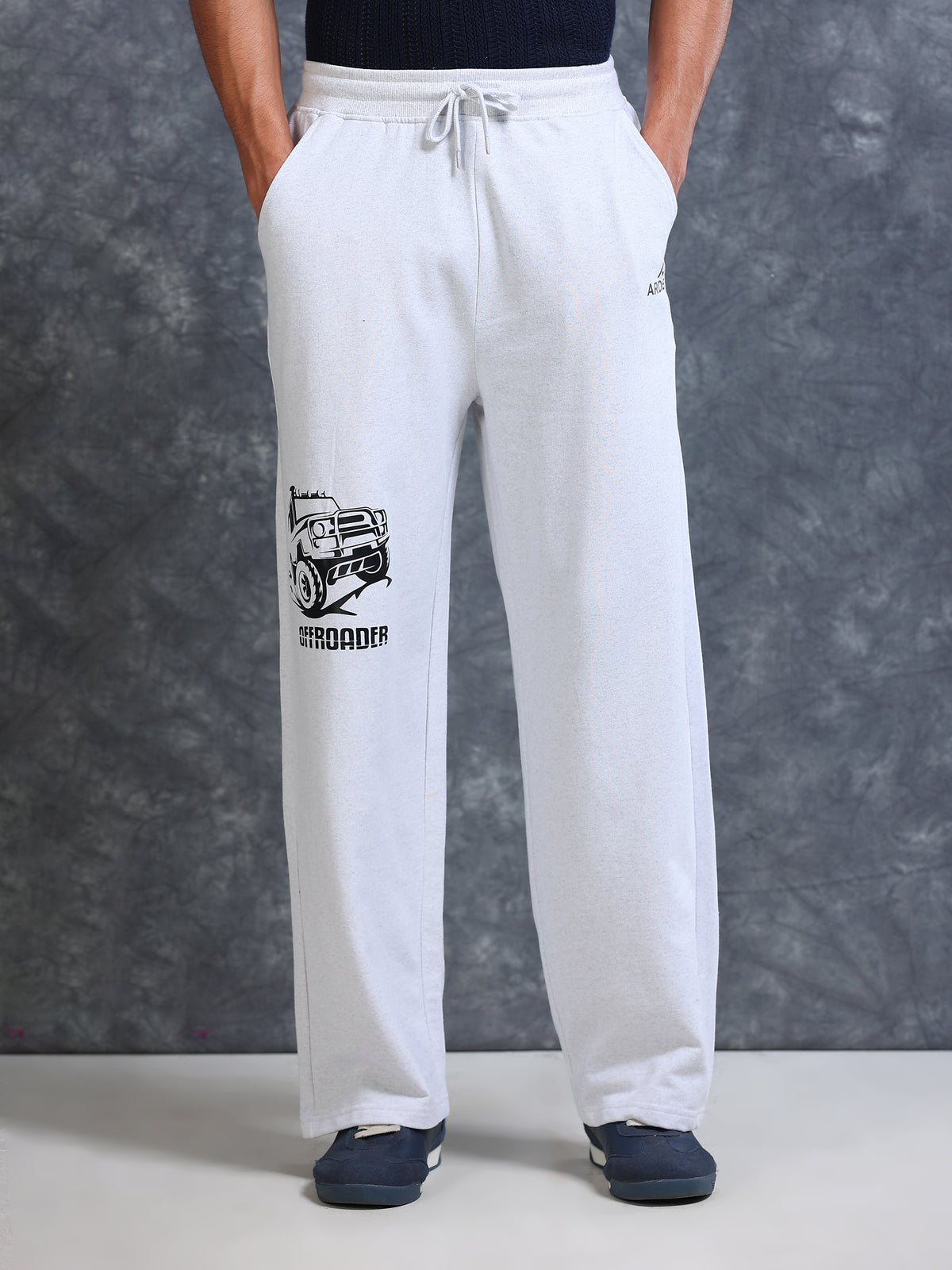 ARDEUR Men White Melange Cotton Blend Offroader Printed Baggy Fit Track Pants